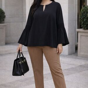 Michael Kors Black Bell Sleeve Chiffon Blouse Round Neck Flowy Timeless Chic
